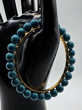 Turquoise Beaded Bangle Bracelet Gold Tone Hoop Statement Bracelet Boho Jewelry